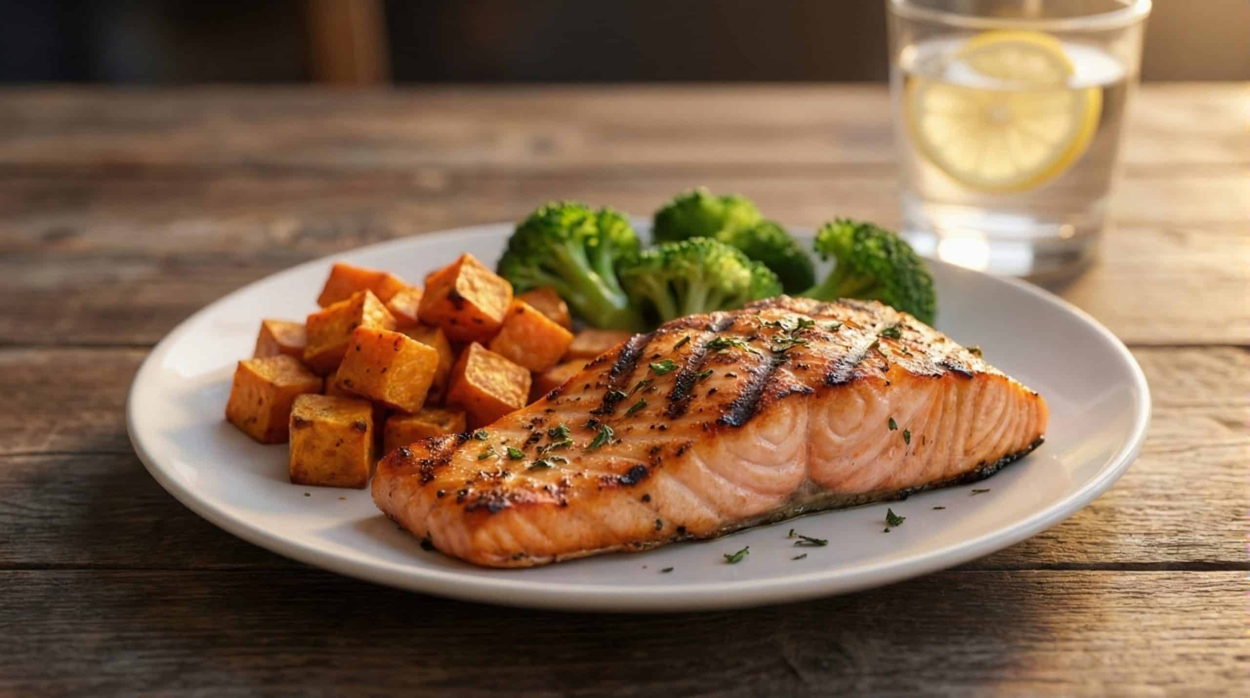 Assiette gourmande de saumon grillé et patates douces, repas idéal pour la récupération musculaire.
