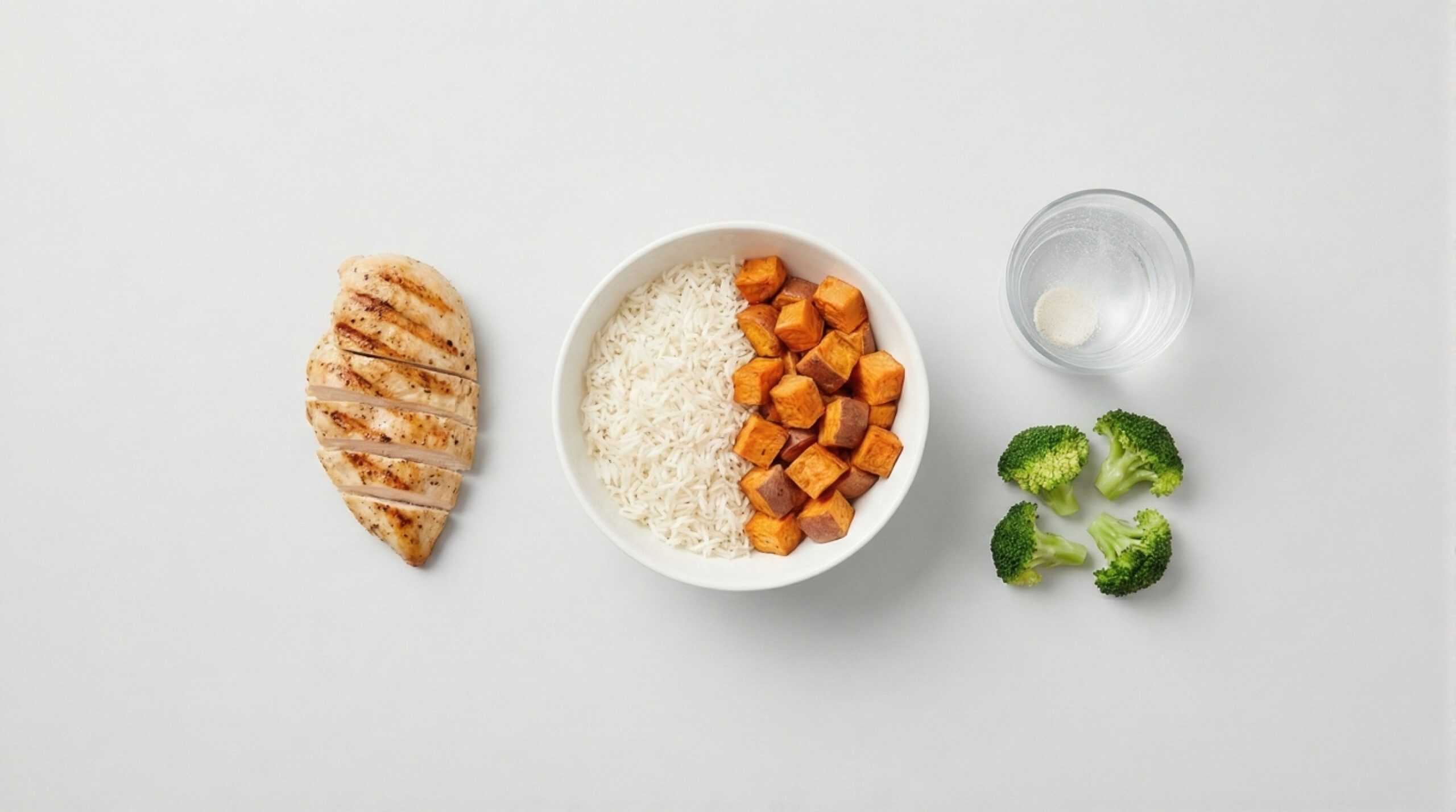 Vue de dessus des ingrédients essentiels pour la récupération du footballeur : riz, poulet, eau et légumes.