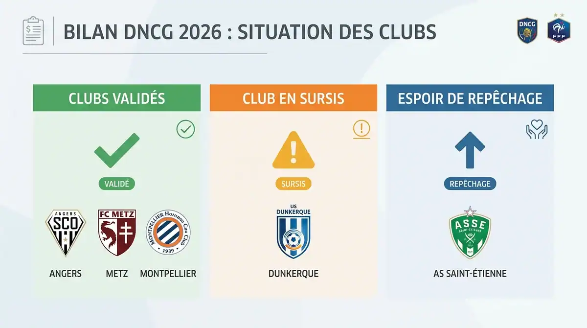 Infographie bilan DNCG 2026 : Angers, Metz, Montpellier validés, Dunkerque en sursis et espoir de repêchage ASSE.