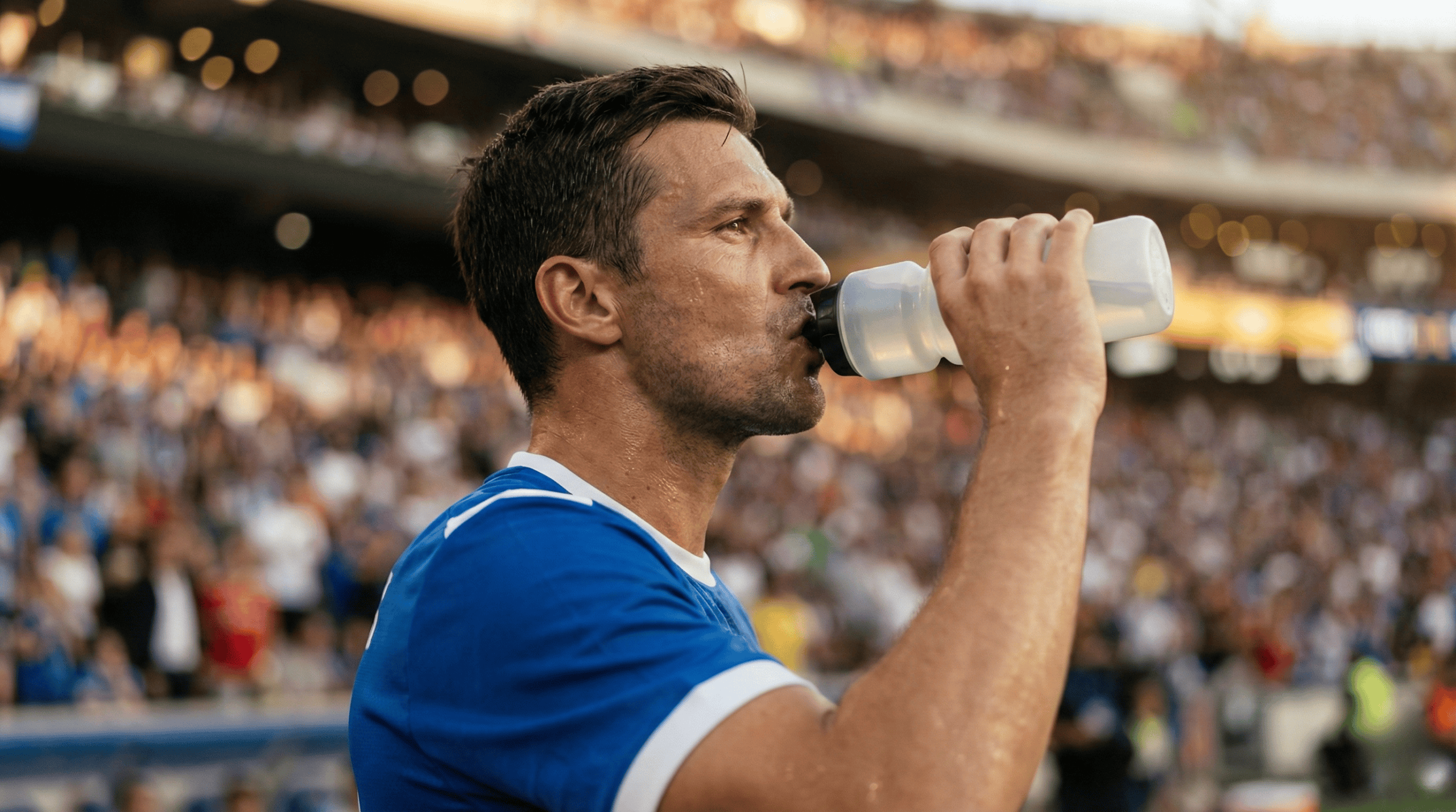 Footballeur s'hydratant avec une boisson isotonique sur le bord du terrain pendant une pause de match pour maintenir sa glycémie