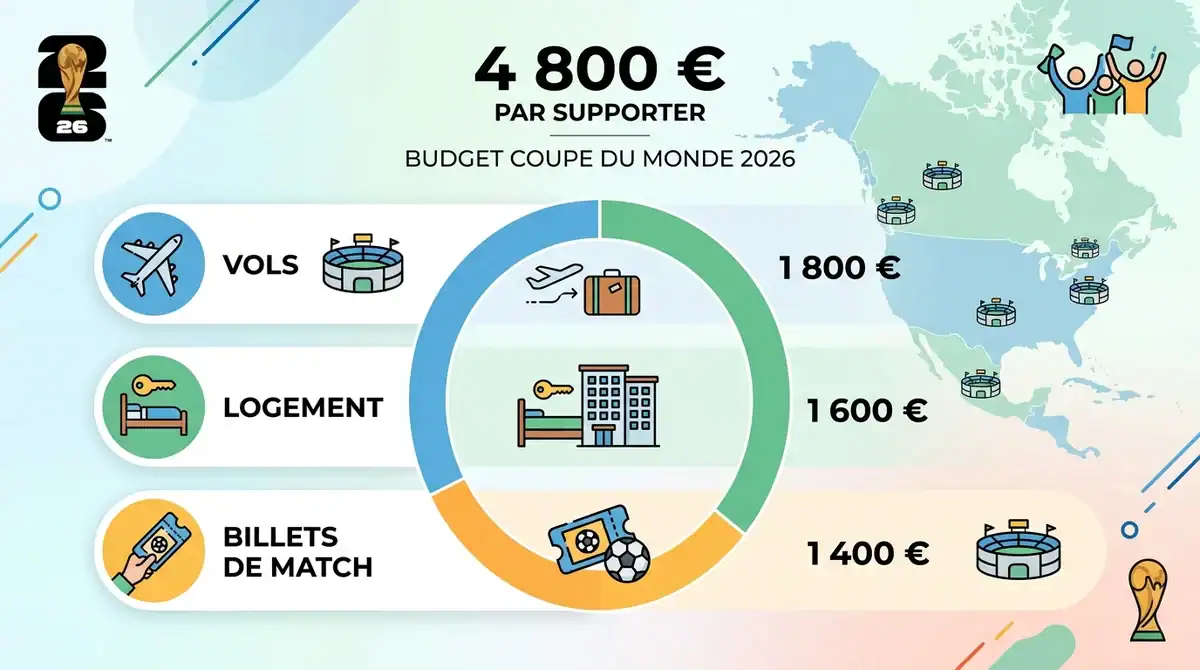 Infographie du budget de 4800 euros par supporter pour la Coupe du Monde 2026 aux USA.