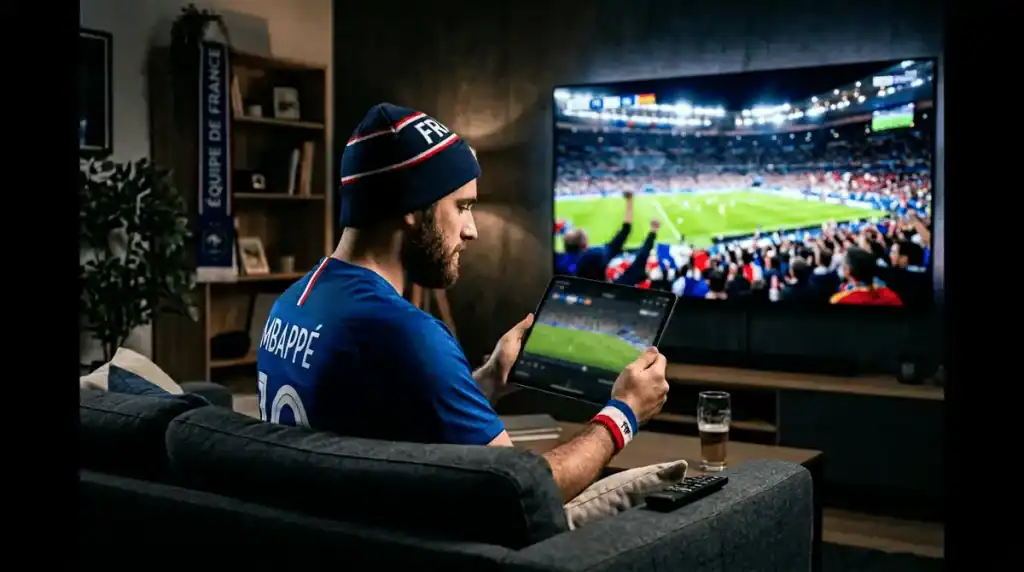 Un supporter passionné regarde un match de football en haute définition sur sa tablette via une plateforme de streaming.
