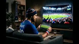 Un supporter passionné regarde un match de football en haute définition sur sa tablette via une plateforme de streaming.