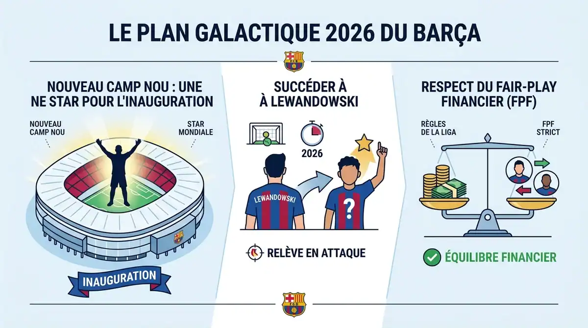 Infographie du plan galactique 2026 du FC Barcelone pour recruter une star au nouveau Camp Nou.