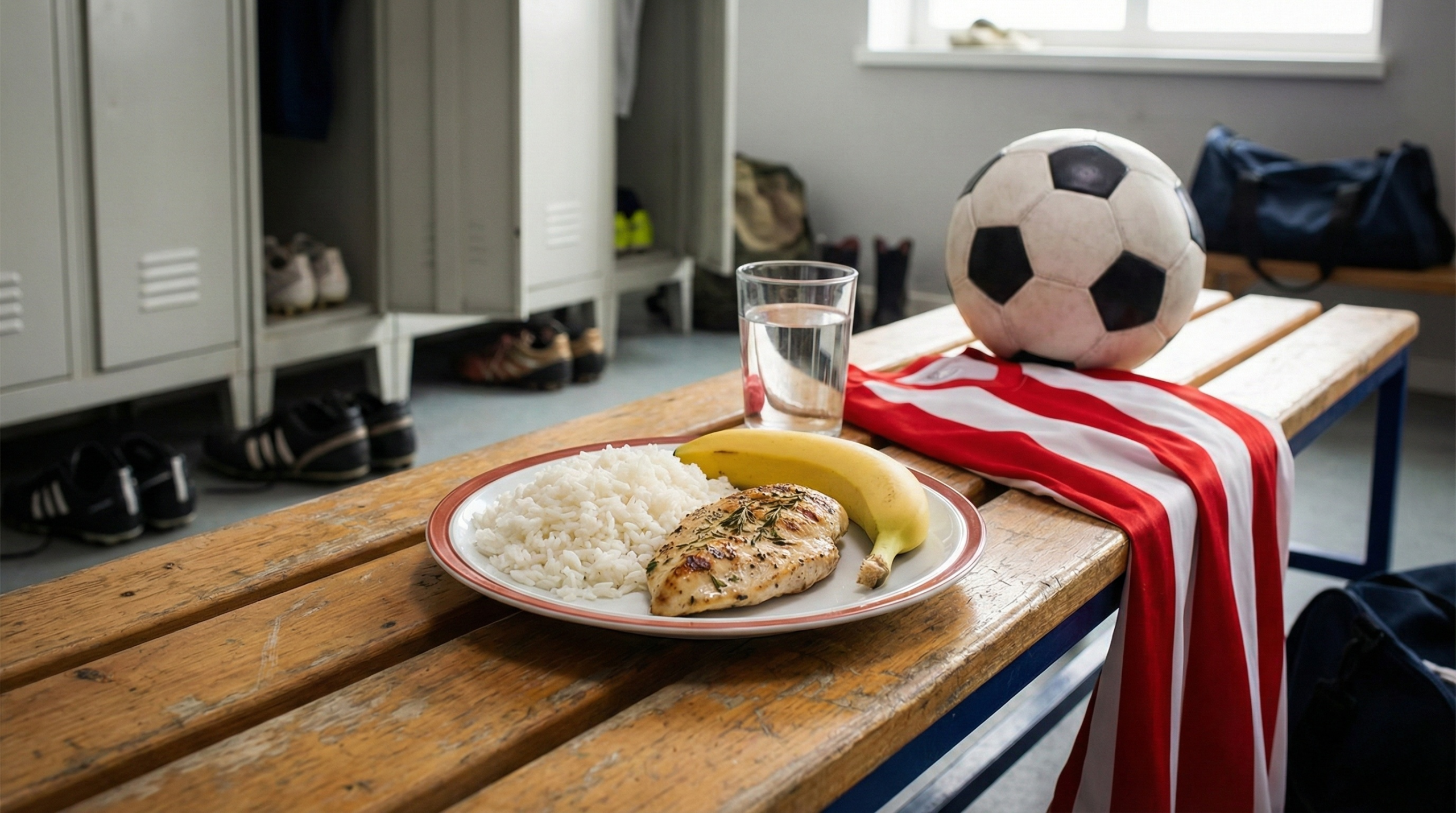 Assiette de nutrition sportive équilibrée avec riz et poulet posée sur un banc de vestiaire à côté d'un ballon de football