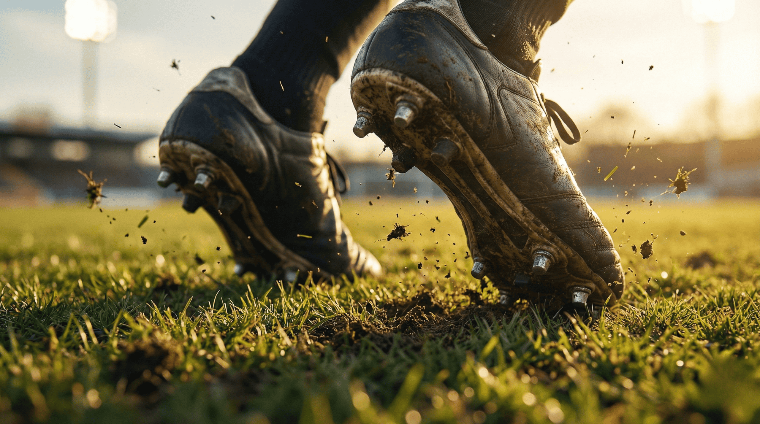 Gros plan sur les crampons d'un footballeur en pleine accélération sur la pelouse, symbolisant l'effort musculaire intense et la dépense de glycogène.