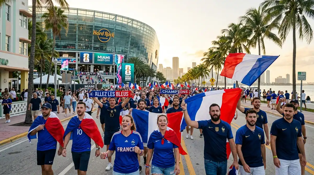 Supporters de l'équipe de France avec drapeaux aux USA devant un stade pour la Coupe du Monde 2026.