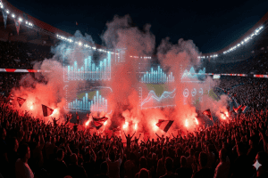 Tribunes de supporters ultras en ébullition avec superposition de données statistiques futuristes.