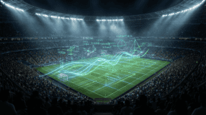 Vue cinématique d'un stade de football illuminé de nuit avec des superpositions graphiques numériques bleues et vertes symbolisant l'analyse de données et les statistiques avancées.