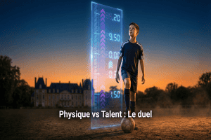 Jeune footballeur technique face à une échelle de mesure géante symbolisant le défi physique en formation.