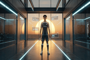 Jeune footballeur d'élite dans un centre de formation ultra-moderne en France en 2026.