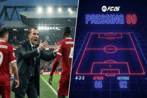 Manager de Liverpool donnant des consignes intenses fusionné avec l'interface tactique du menu EA Sports FC 26.