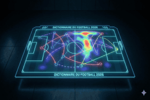 Terrain de football holographique montrant des schémas tactiques futuristes et de la data.