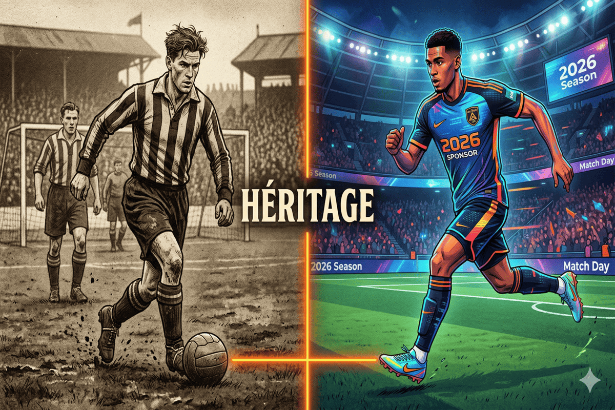 Illustration comparative entre le football d'époque et le football moderne de 2026.