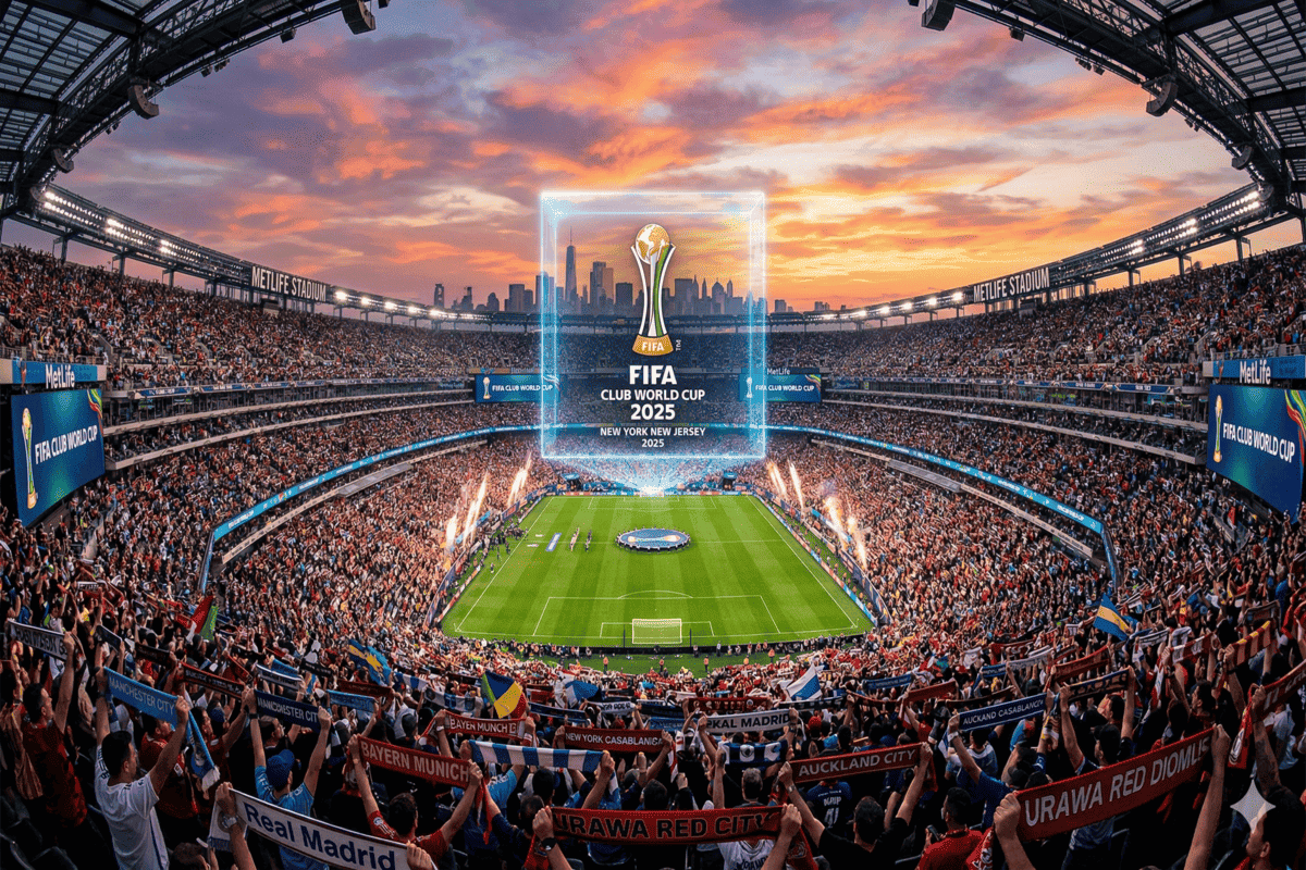 Le MetLife Stadium accueillant la finale du Mondial des clubs de la FIFA sous les projecteurs.