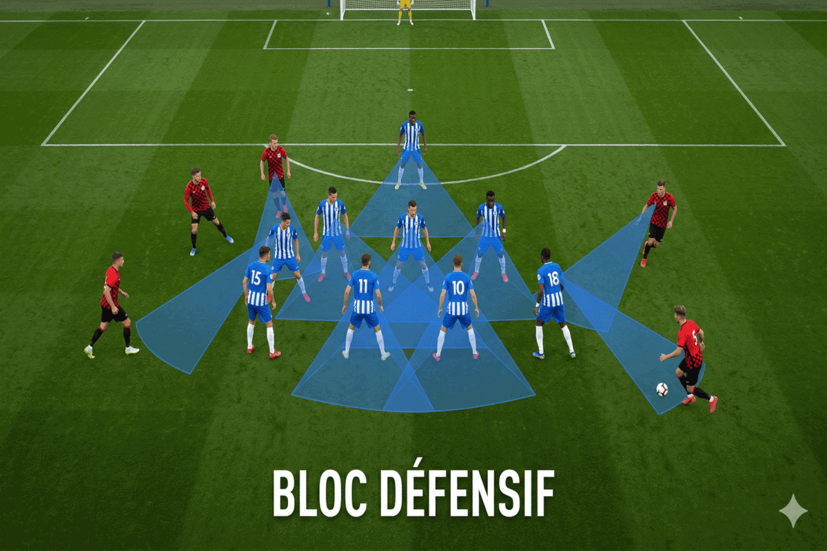 Équipe organisée en bloc bas compact avec visualisation des ombres de couverture.