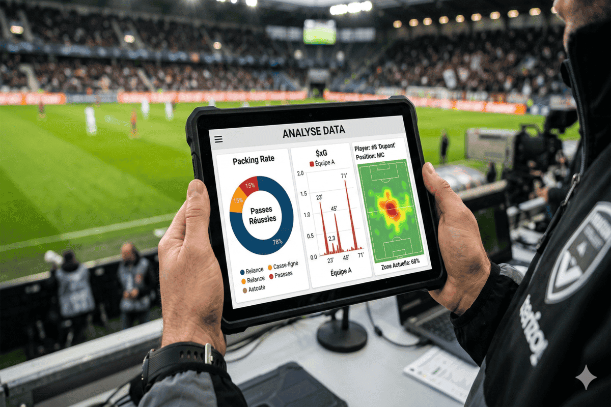 Tablette d'analyse affichant des statistiques avancées de football et des cartes thermiques.