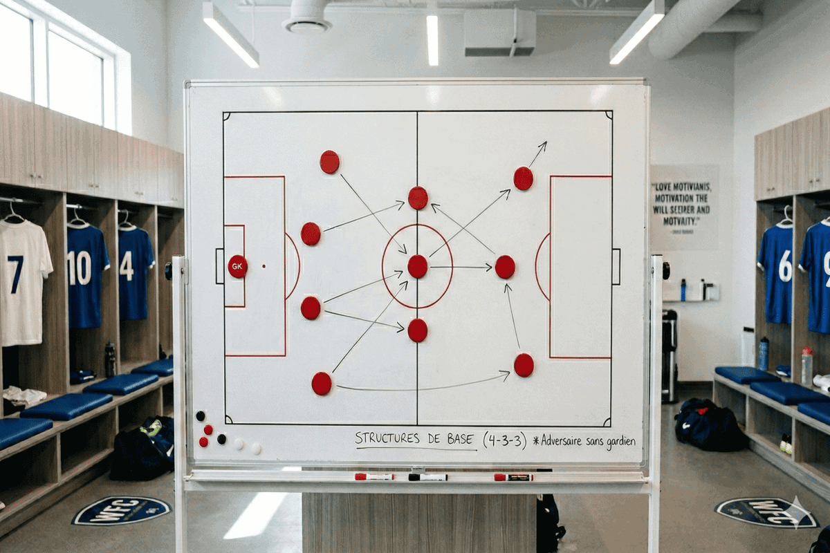 Tableau tactique d'entraîneur montrant une formation en 4-3-3 avec des flèches de mouvement.