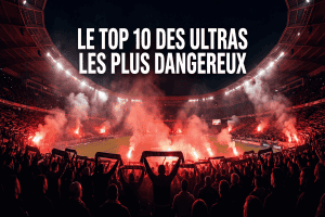 Une tribune de supporters en feu avec des fumigènes rouges lors d'un match sous haute tension.