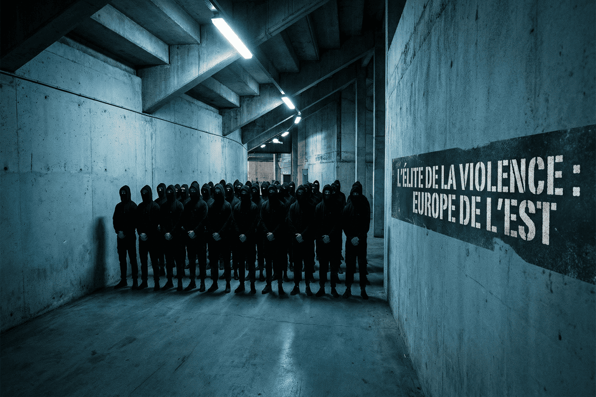 Groupe d'ultras masqués en noir symbolisant l'organisation des supporters de l'Europe de l'Est.