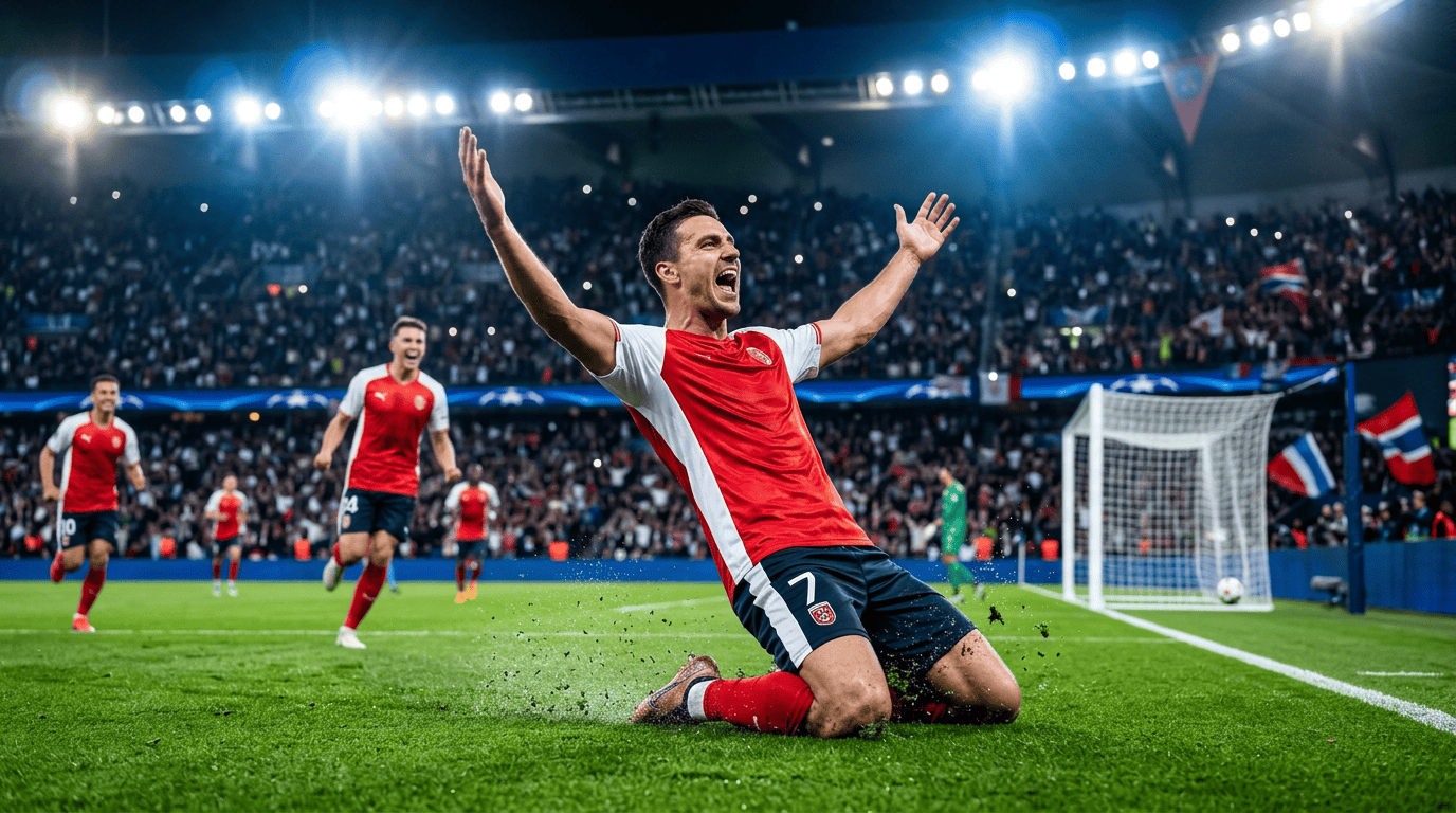 Un joueur de football célébrant un but lors d'un match de Ligue 1, illustrant le spectacle sportif.