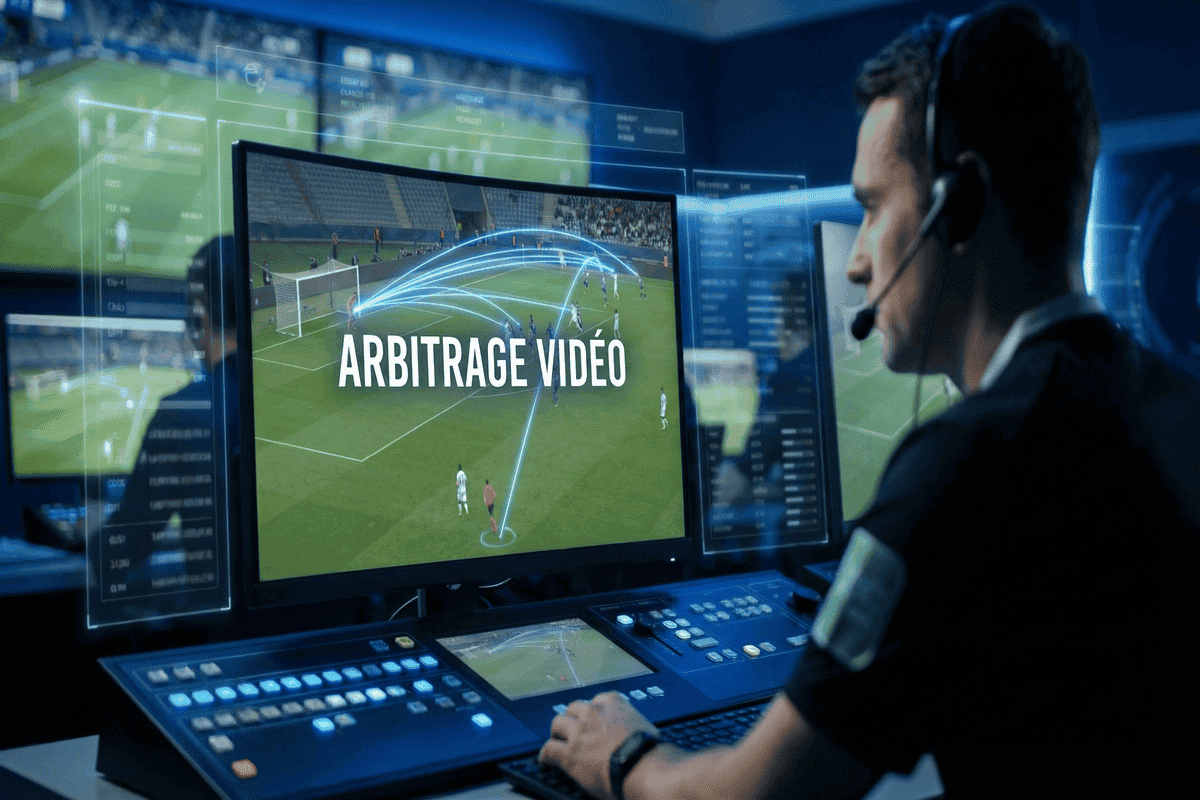Écrans de contrôle de l'arbitrage vidéo (VAR) lors d'une compétition officielle