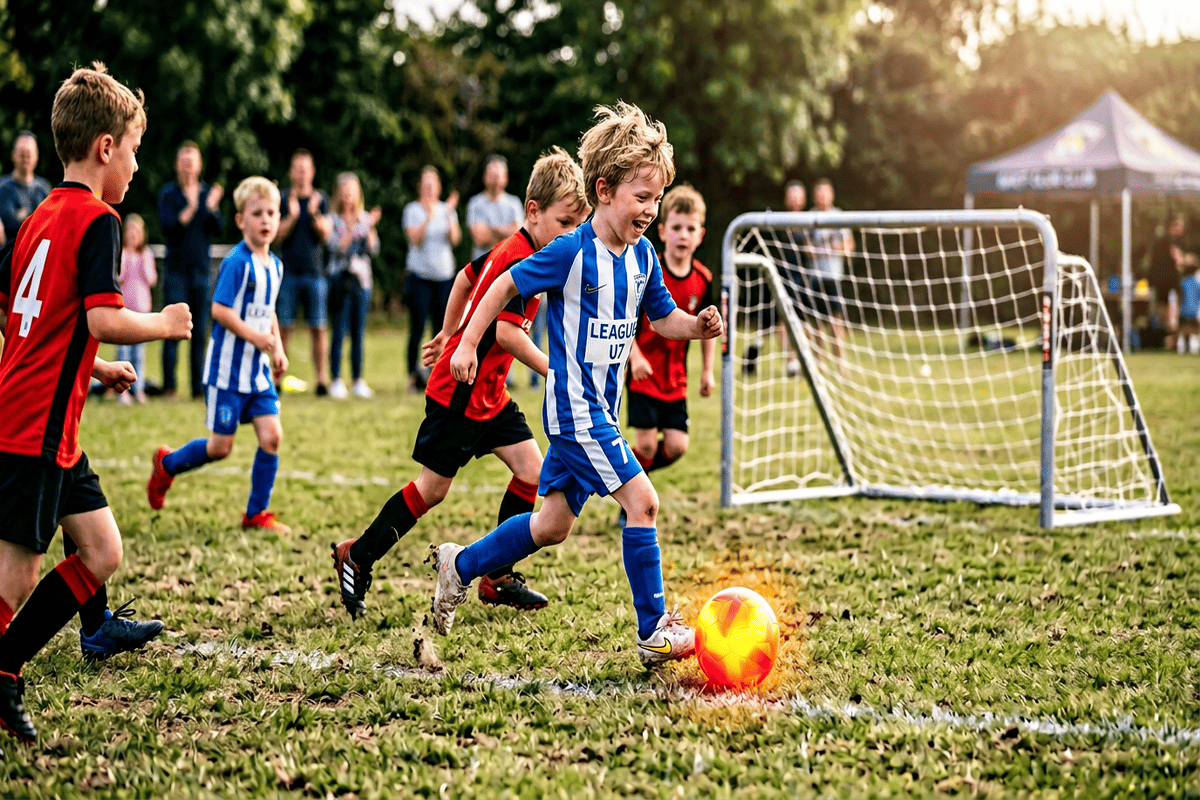 Enfants de la catégorie U7 pratiquant le football à 4 sur un terrain réduit pour favoriser l'éveil technique.