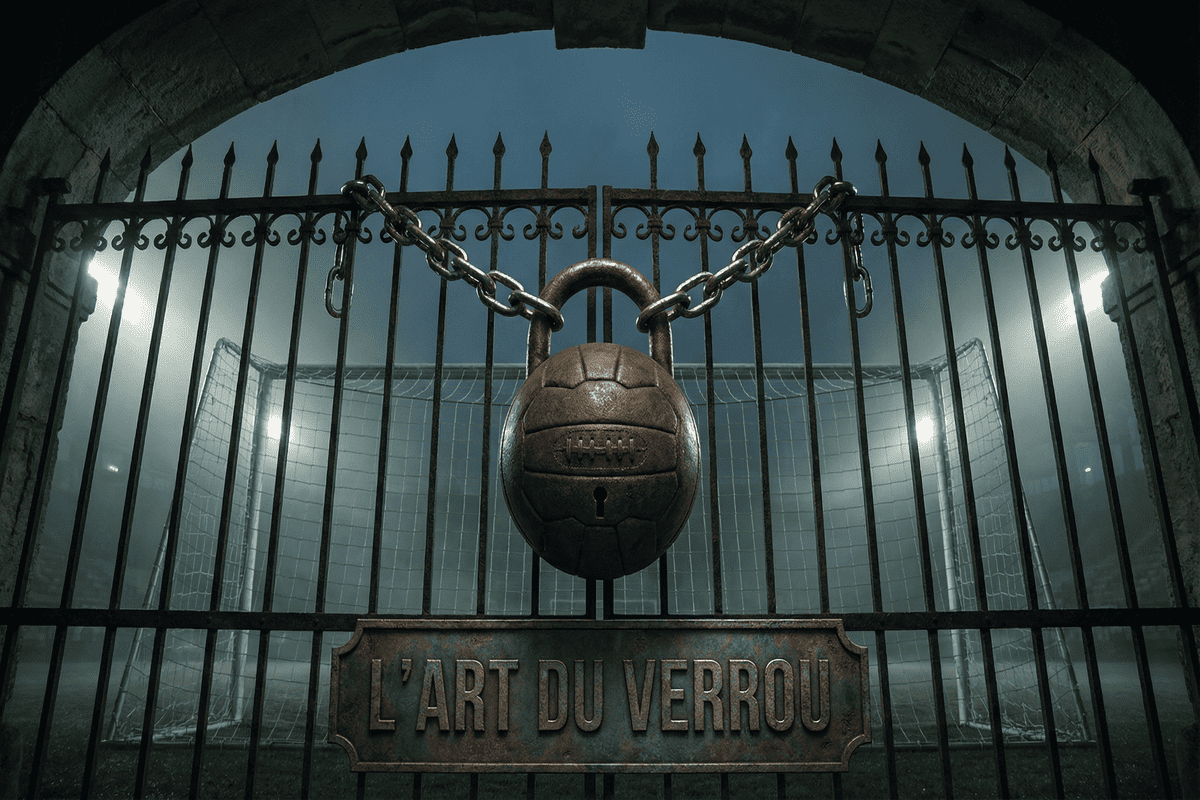 Allégorie du Catenaccio italien symbolisé par un verrou inviolable protégeant le but.