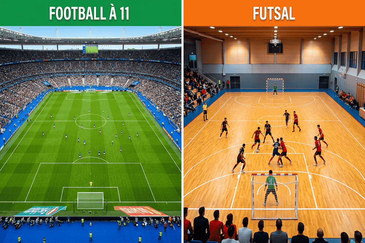 Comparaison visuelle entre un terrain de football classique et un terrain de futsal.