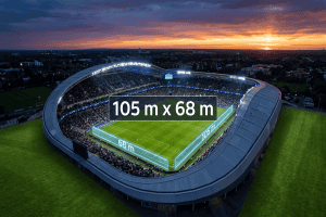 Vue aérienne d'un stade de football avec les dimensions officielles FIFA 105x68 mètres.