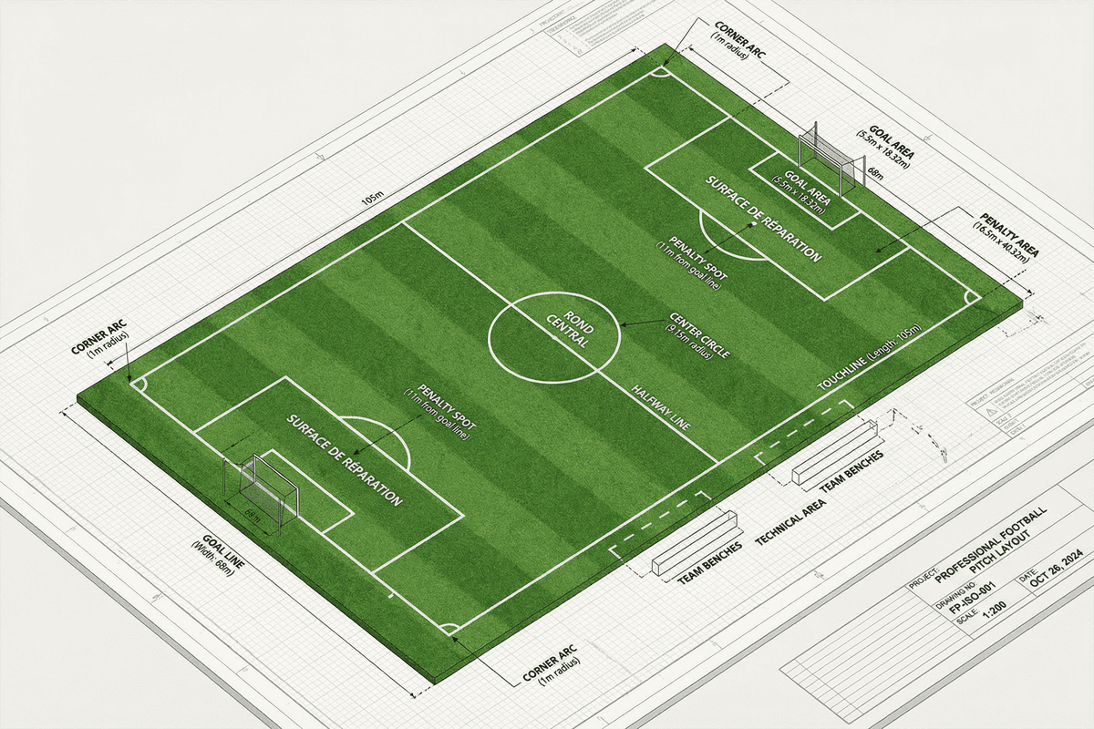 Schéma technique en 3D des dimensions officielles d'un terrain de football