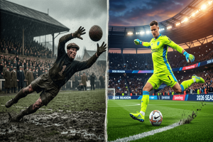 Comparaison entre un gardien de but vintage des années 50 et un gardien moderne relanceur au pied.
