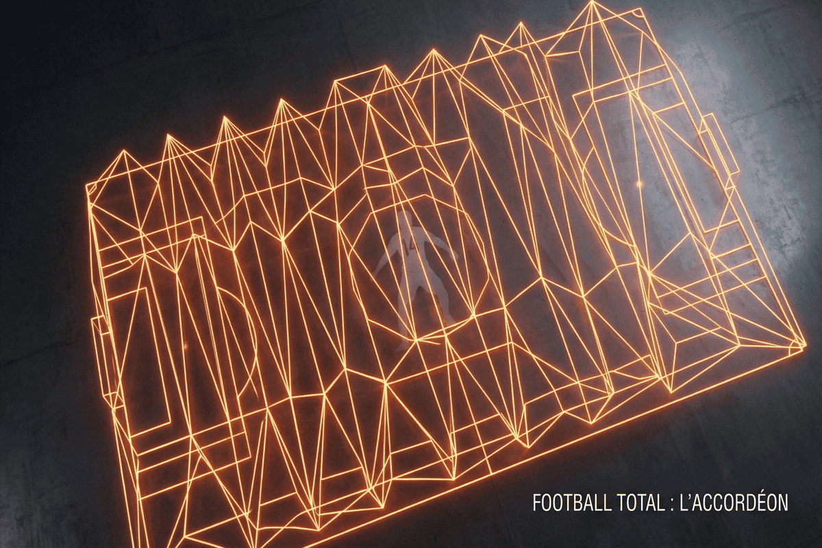 Schéma abstrait illustrant la gestion de l'espace et la fluidité du Football Total néerlandais.