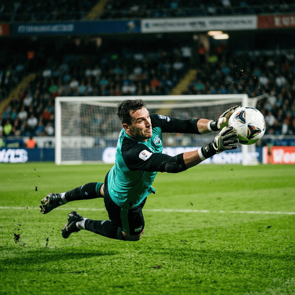 Gardien de but réalisant un arrêt réflexe lors d'un match de haut niveau.