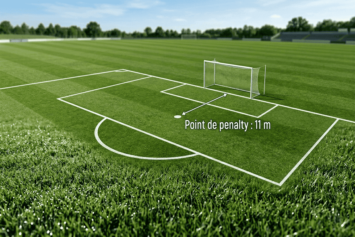 Détail technique des mesures de la surface de réparation et du point de penalty.