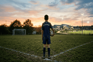Un jeune footballeur français regarde vers l'horizon symbolisant le rêve d'intégrer un centre de formation professionnel.