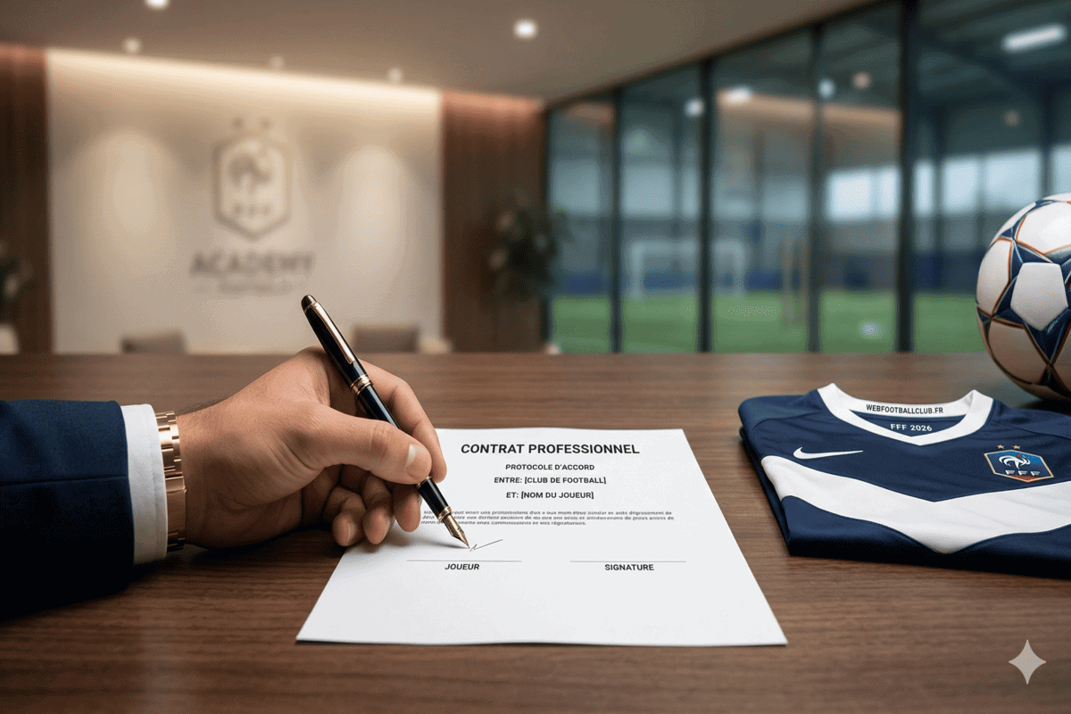 Gros plan sur la signature d'un premier contrat professionnel de football sous l'égide de la LFP.