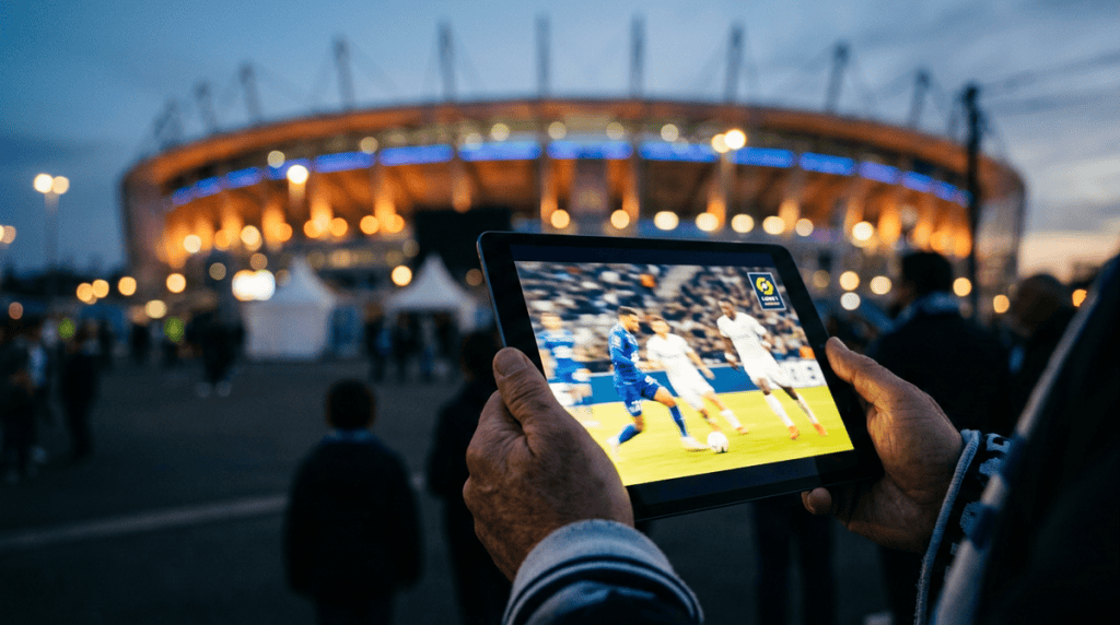 Supporter regardant un match de football de Ligue 1 en streaming légal sur une tablette lumineuse devant un stade flou.
