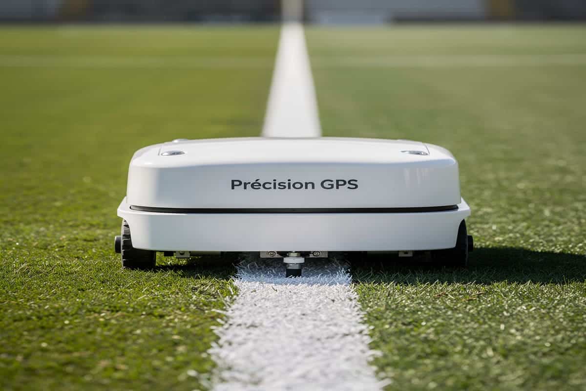 Robot autonome GPS effectuant le traçage des lignes sur un terrain professionnel.