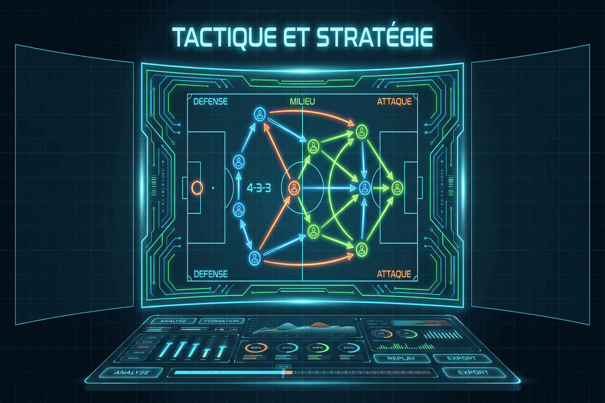 Tableau tactique numérique montrant un système de jeu en 4-3-3 avec les mouvements des joueurs