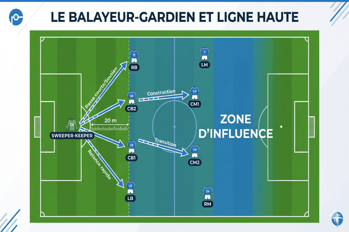 Schéma tactique montrant le positionnement d'un sweeper-keeper en dehors de sa surface.