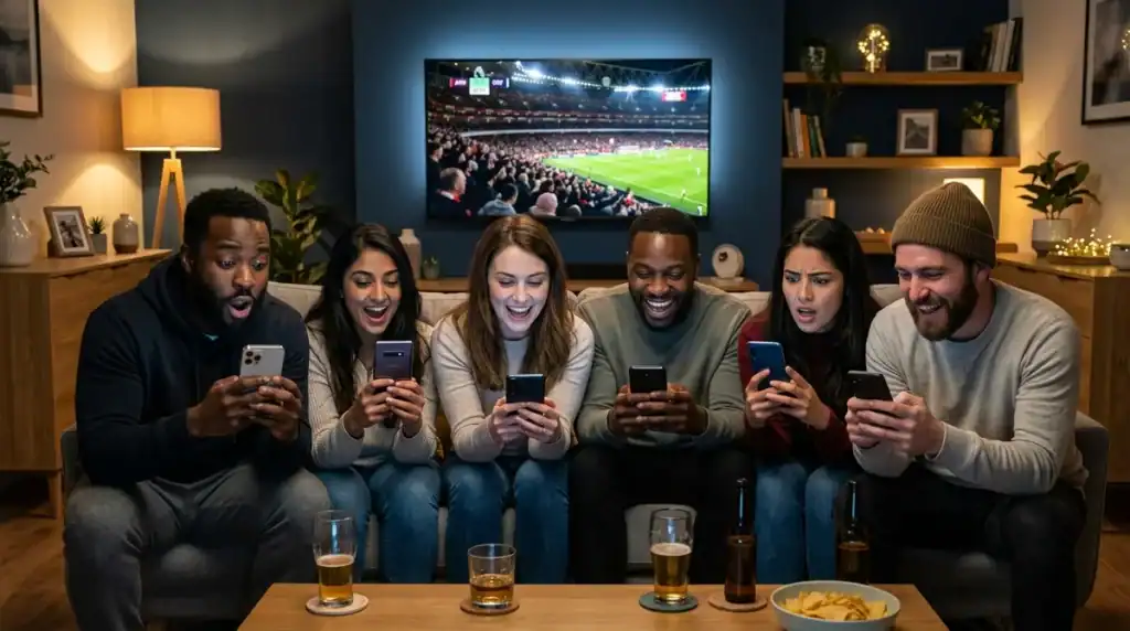 Groupe d'amis utilisant une application de pronostic foot pour la Coupe du Monde 2026.