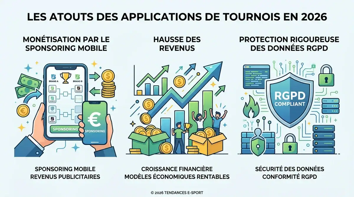 Infographie sur les atouts des apps de tournoi de foot 2026 : sponsoring mobile, revenus et protection des données RGPD.
