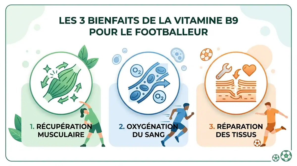 Infographie des 3 bienfaits de la vitamine B9 pour le footballeur : récupération, oxygénation et réparation.