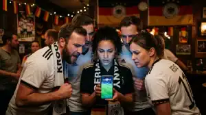 Supporters de foot scrutant les calculs des meilleurs troisièmes de la Coupe du Monde 2026 sur un smartphone.