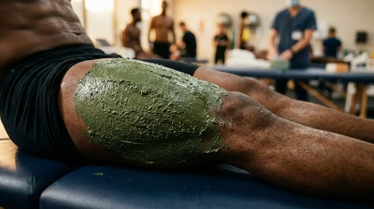 Cataplasme d'argile verte sur la jambe d'un footballeur pour favoriser la récupération musculaire en clinique du sport.