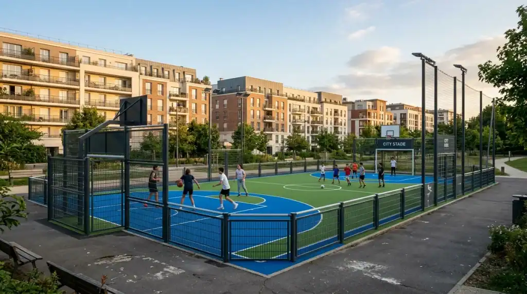 City stade moderne en Ile-de-France avec sol synthétique multisports bleu et vert, buts de foot et paniers de basket.