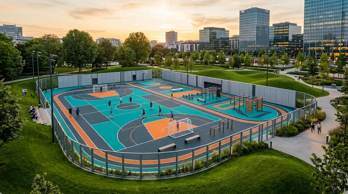 City stade moderne au design actif avec terrain multisports géométrique et panneaux acoustiques en parc urbain.