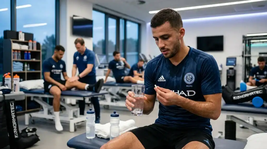 Footballeur prenant un complément de vitamine B9 pour la récupération et la performance sportive après l'entraînement.