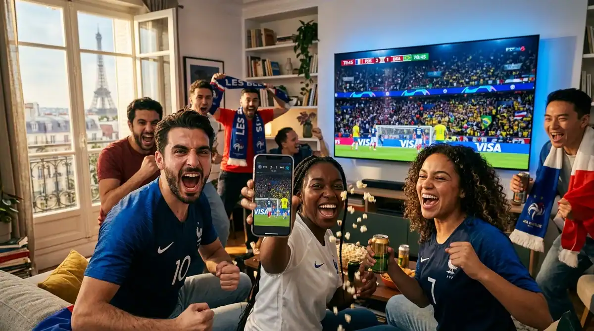 Fans devant la diffusion de la Coupe du Monde 2026 sur TV et smartphone pour regarder les matches en direct.